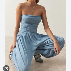 Out From Under Iris Ruched Strapless Tube Top Jumpsuit color Sky